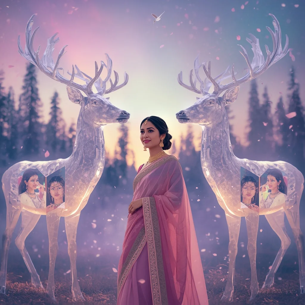 Festive Pastel Saree Aurora Crystal Deer Kingdom Collage Luxury Cinematic | Prompt For Gemini AI Girl Style Trending Instagram