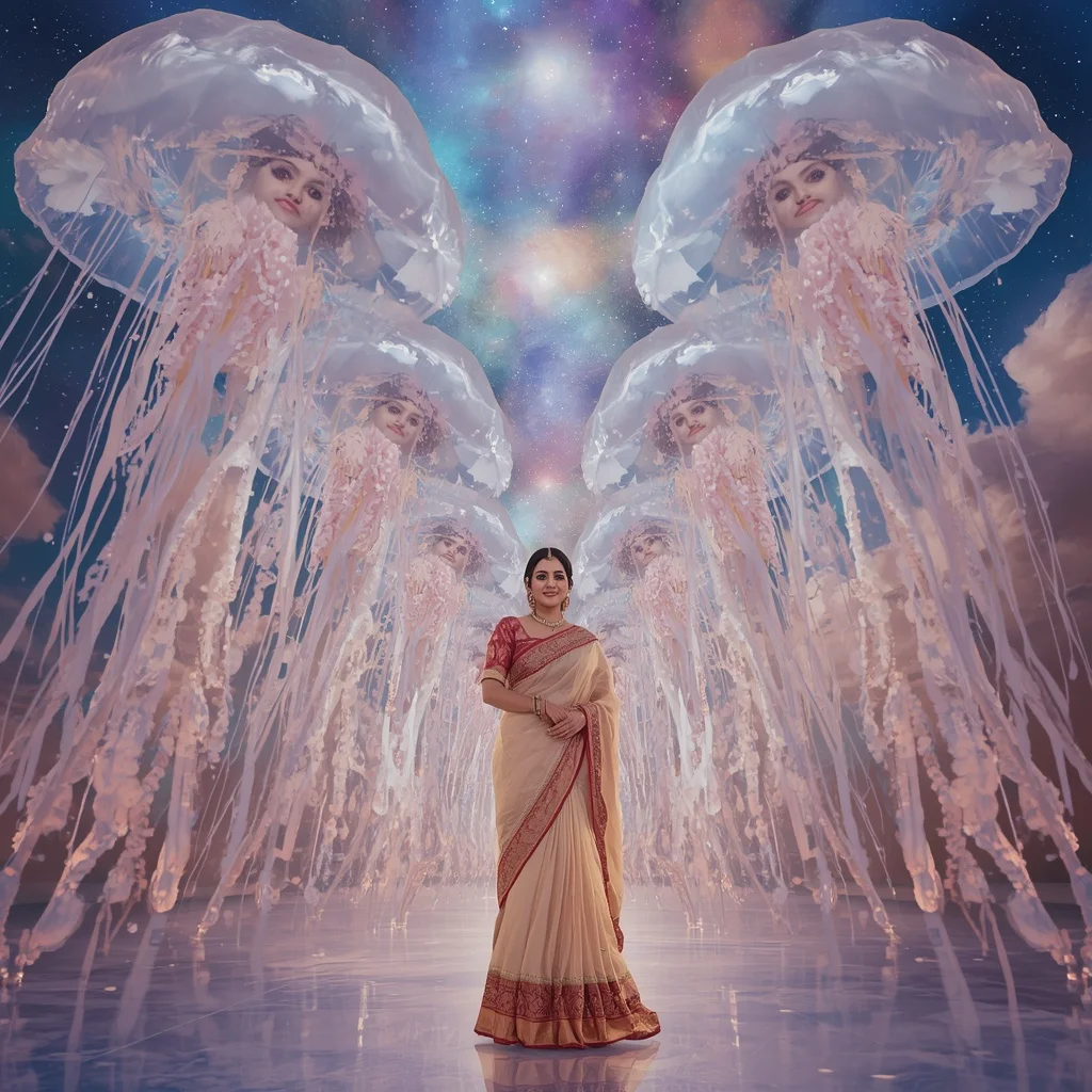 Festive Pastel Saree Aurora Crystal Jellyfish Cathedral Collage Premium | Influencers Ai Prompt