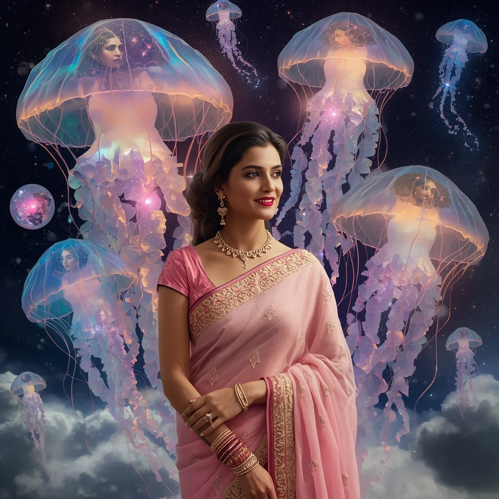 Festive Pastel Saree Aurora Crystal Jellyfish Galaxy Collage Luxury | Desi Girl Ai Prompt