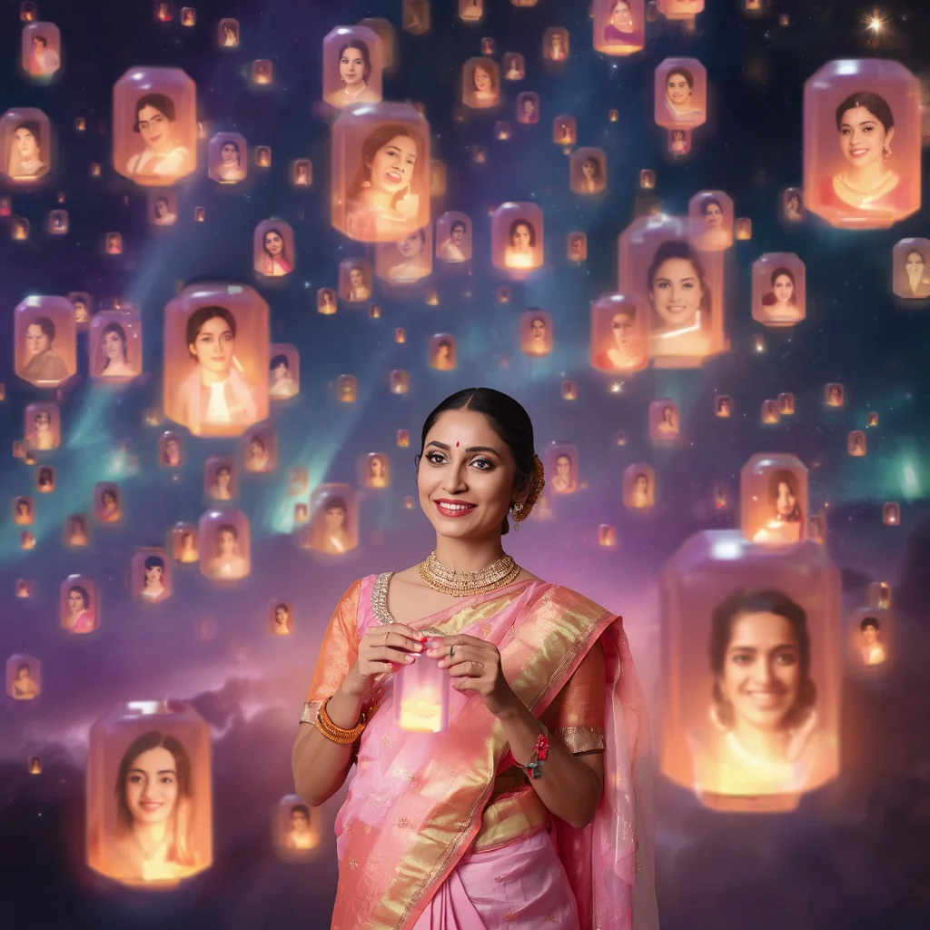 Festive Pastel Saree Aurora Crystal Lantern Galaxy Collage Premium | Attitude Ai Prompt