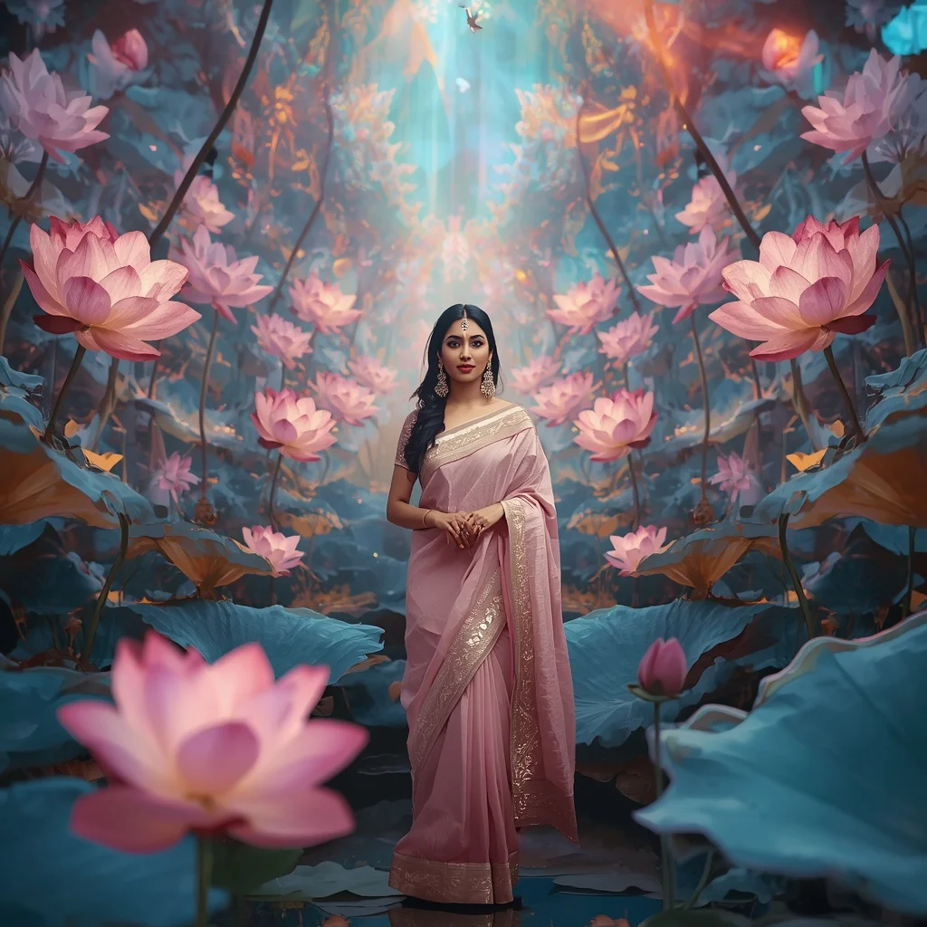 Festive Pastel Saree Aurora Crystal Lotus Kingdom Collage Premium | Instagram Girl Gemini Prompt