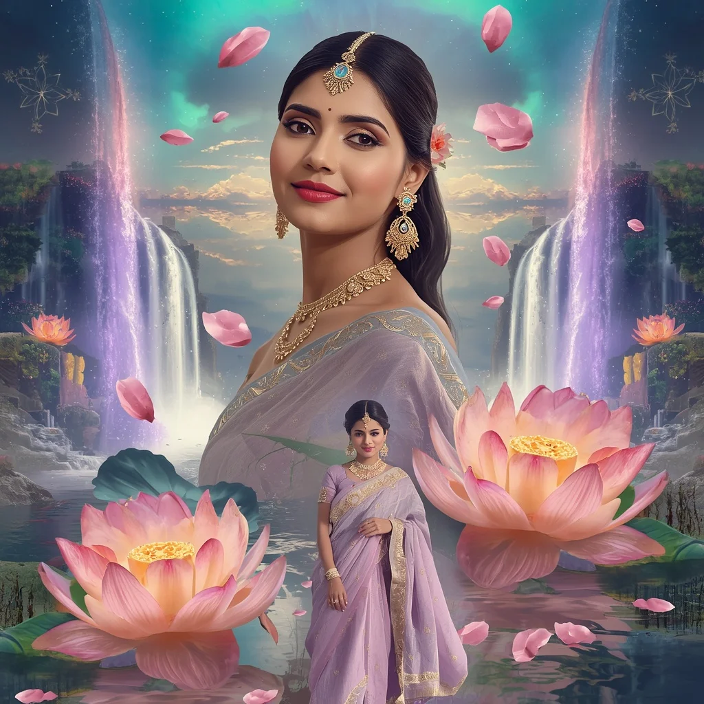 Festive Pastel Saree Aurora Crystal Lotus Waterfall Collage Luxury Cinematic | Best Prompt Ai For Girl