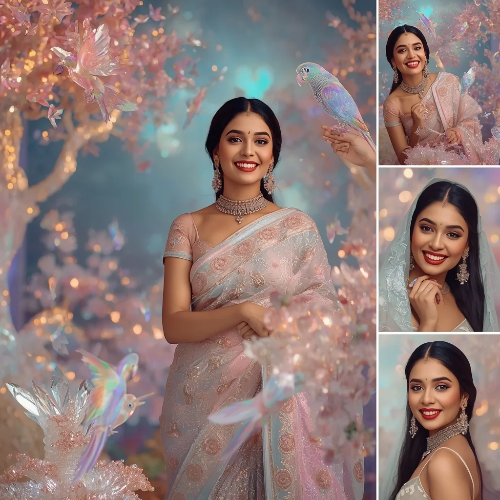 Festive Pastel Saree Aurora Crystal Parrot Kingdom Collage Premium Editorial Luxury | Woman Pose Ai Prompt