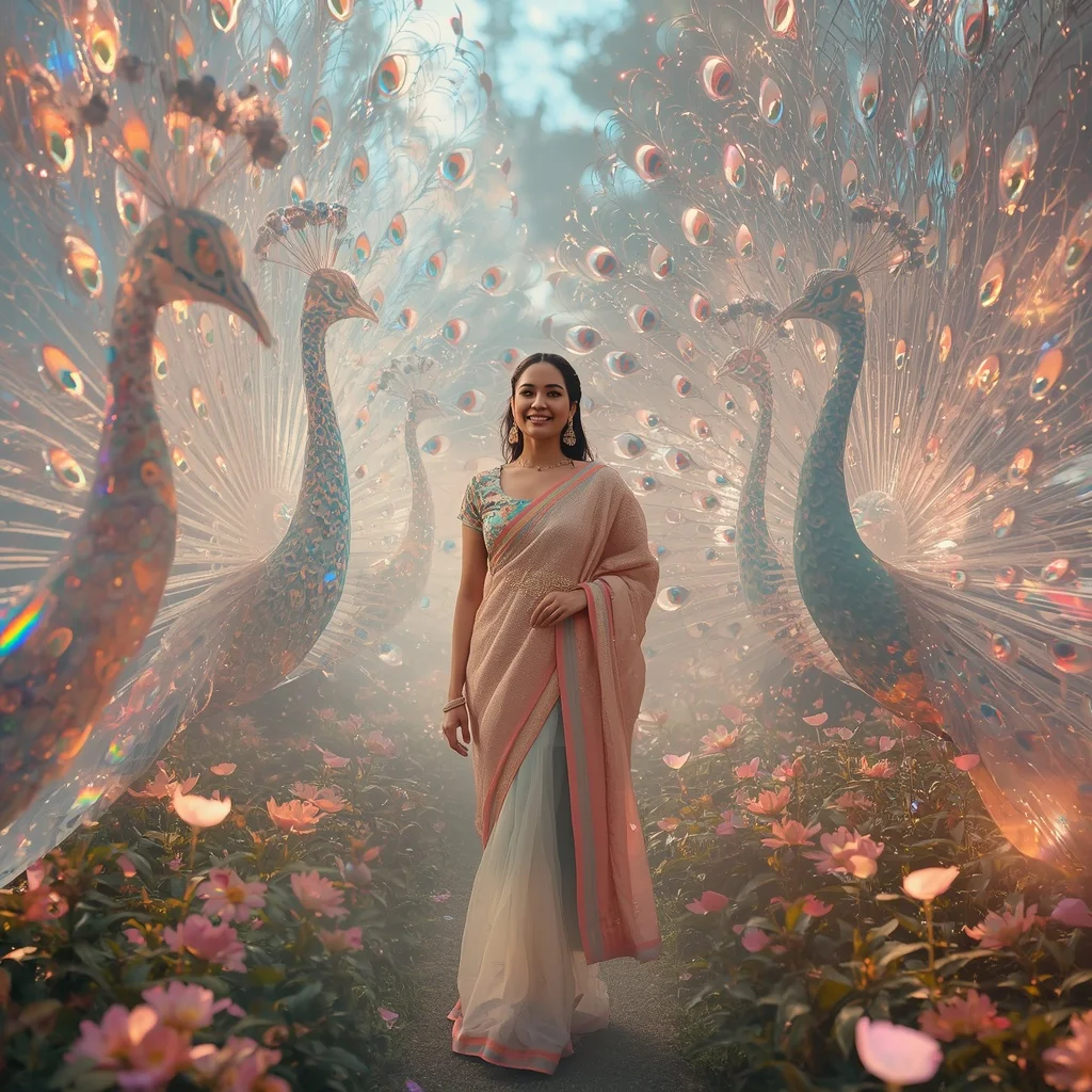 Festive Pastel Saree Aurora Crystal Peacock Garden Collage Luxury | Korean Ai Prompt