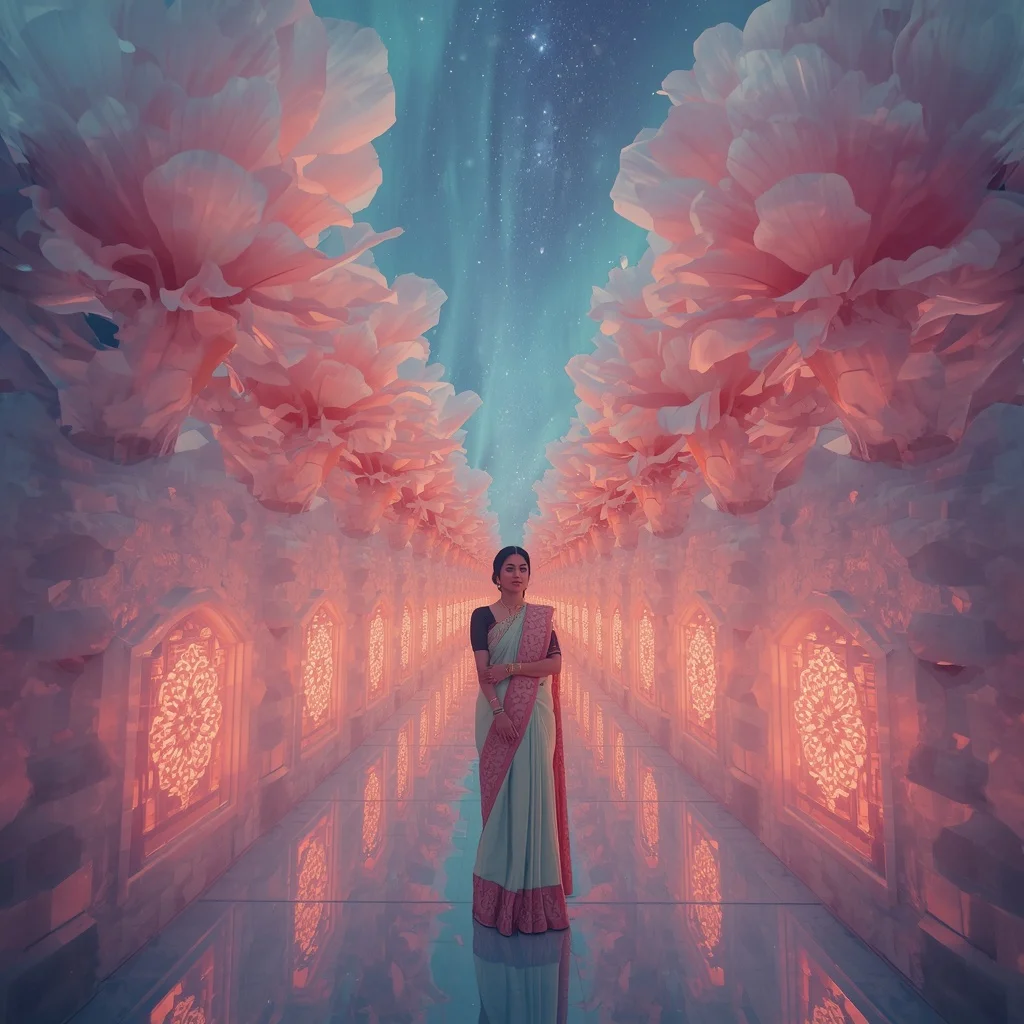Festive Pastel Saree Aurora Crystal Peony Infinity Sky Kingdom Collage Premium | Prompt For Traditional Look For Girl Copy Paste