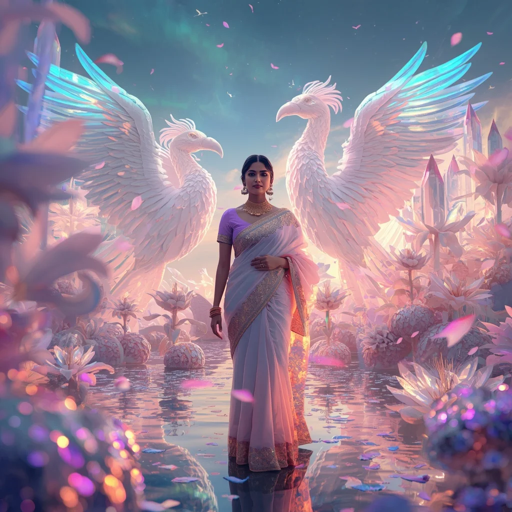 Festive Pastel Saree Aurora Crystal Phoenix Garden Collage Luxury | Gemini Ai Photo