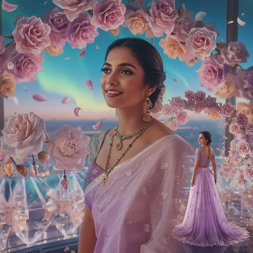Festive Pastel Saree Aurora Crystal Rose Observatory Collage Luxury Cinematic | Gemini Ai Prompt For Girl