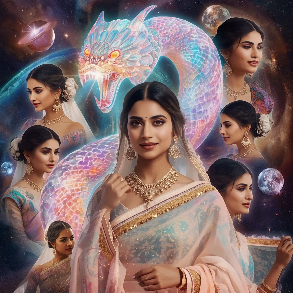 Festive Pastel Saree Aurora Crystal Serpent Galaxy Collage Luxury | Aesthetic Saree Ai Prompt