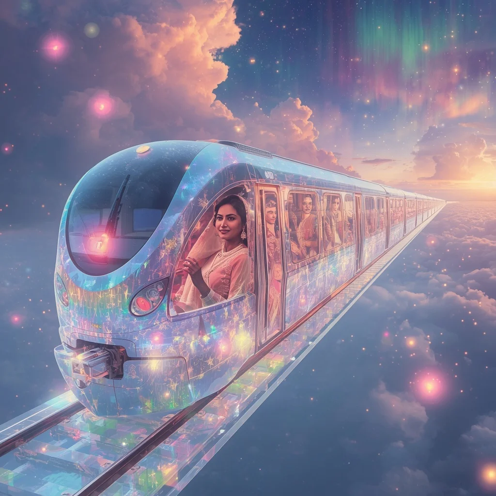 Festive Pastel Saree Aurora Crystal Sky Railway Collage Luxury | Free Ai Prompt