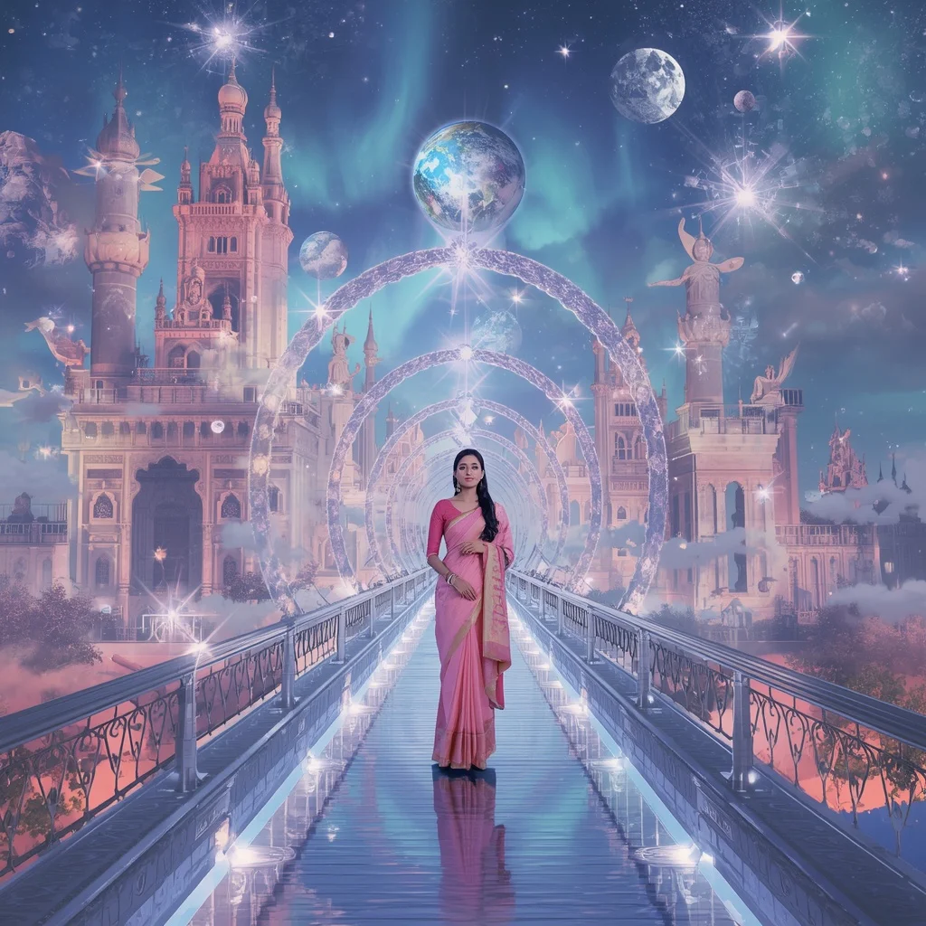 Festive Pastel Saree Aurora Crystal Star Bridge Empire Collage Luxury | Prompt Seen Gemini Girl Instagram