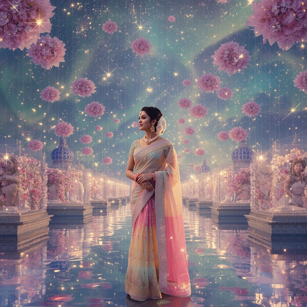 Festive Pastel Saree Aurora Crystal Starfall Kingdom Collage Luxury | Hd Image Prompt
