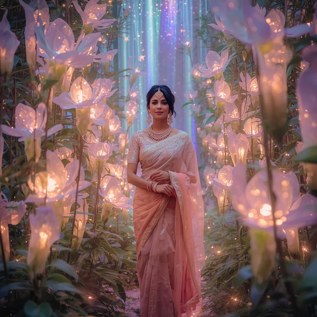 Festive Pastel Saree Aurora Crystal Starlight Garden Premium | Prompt AI For Girl