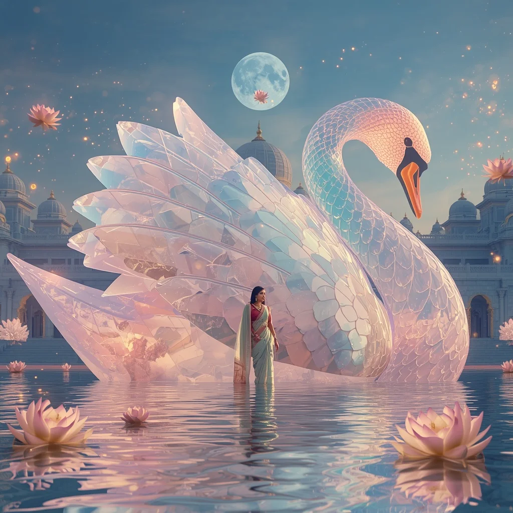 Festive Pastel Saree Aurora Crystal Swan Temple Collage Luxury | Viral Ai Image Prompt