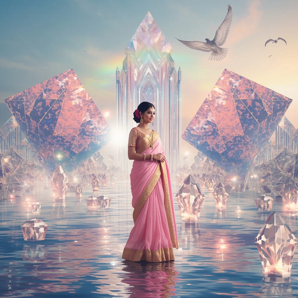 Festive Pastel Saree Aurora Diamond Celestial Harbor Collage Luxury | Prompt For Gemini AI Girl Style Trending Instagram