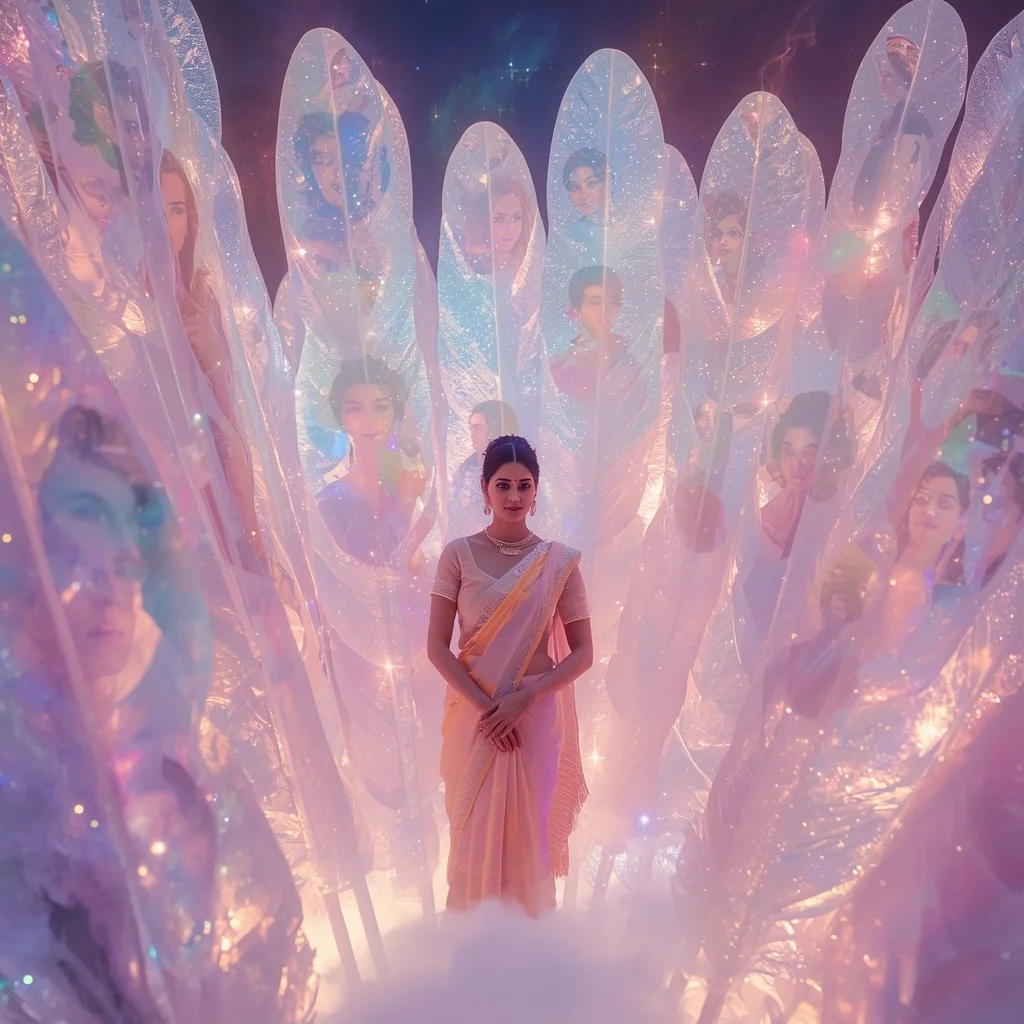 Festive Pastel Saree Aurora Diamond Feather Universe Collage Luxury | Indian Girl Ai Prompt