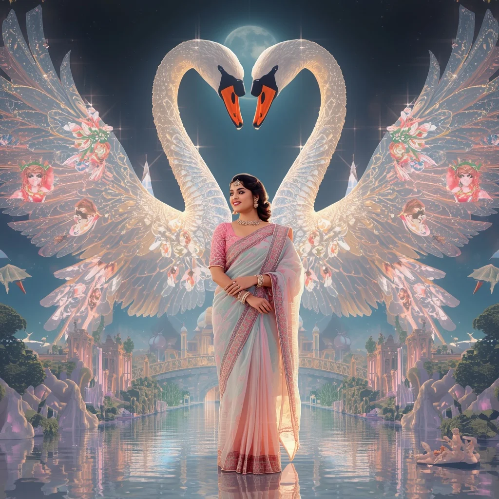 Festive Pastel Saree Aurora Diamond Swan Empire Collage Premium | Prompt AI For Girl