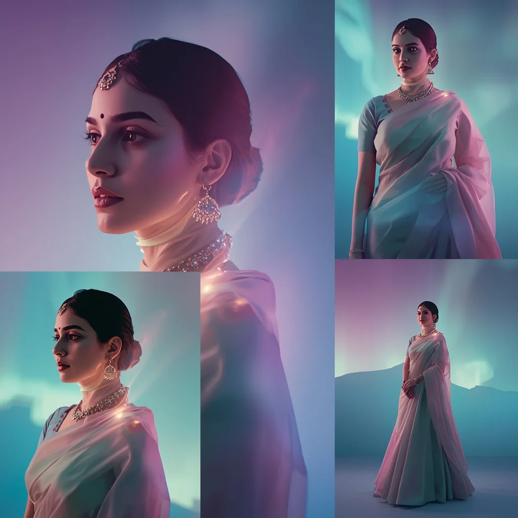 Festive Pastel Saree Aurora Glow Collage | Indian Girl Northern Light Aesthetic Soft Cinematic Ultra Realistic Viral Prompt | Saree Prompt For Women
