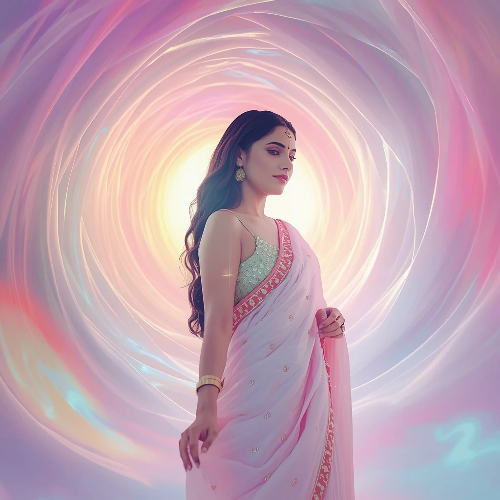 Festive Pastel Saree Aurora Glow Wave Tunnel Collage Cinematic Aesthetic