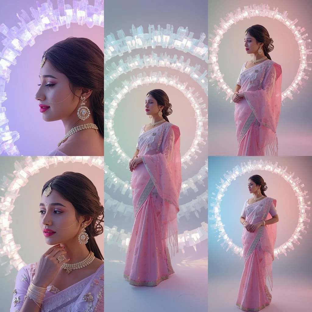 Festive Pastel Saree Aurora Ring Collage | Indian Girl Glow Portal Aesthetic Soft Cinematic Ultra Realistic Viral Prompt | Gemini Saree Ai Photo Prompt