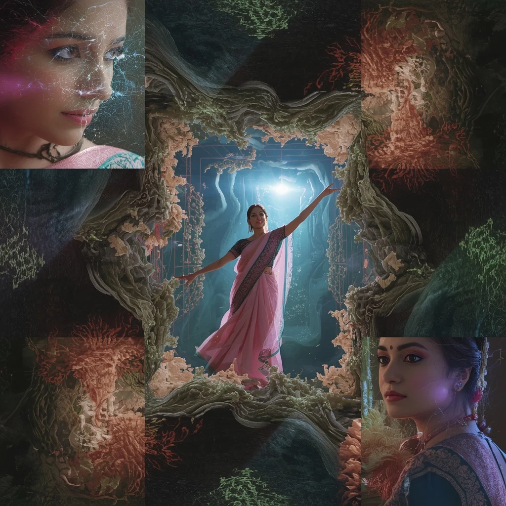 Festive Pastel Saree Bioluminescent Mycelium Labyrinth Collage | Indian Girl Ai Prompt