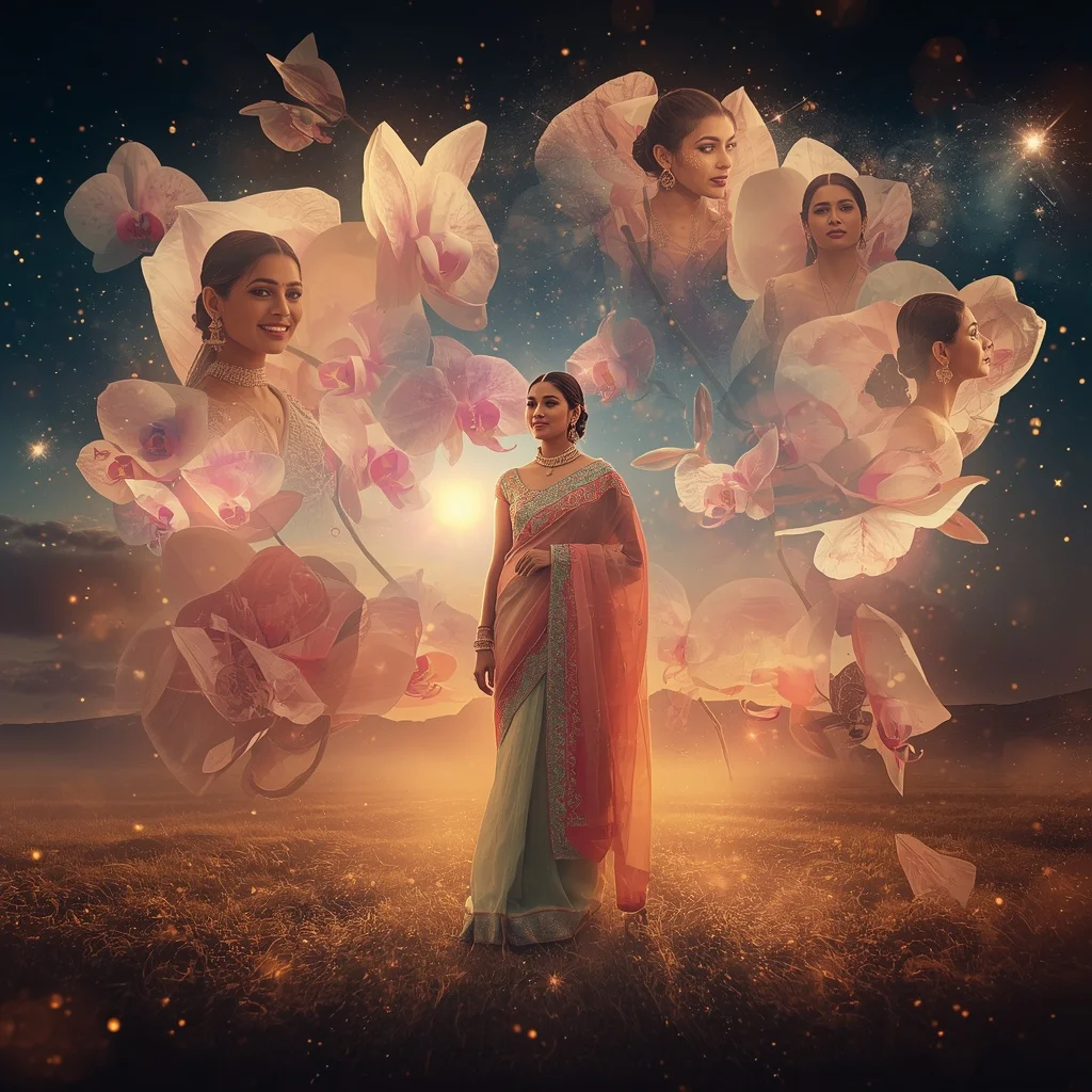 Festive Pastel Saree Blooming Crystal Orchid Universe Collage Cinematic | Prompt For Traditional Look On Instagram