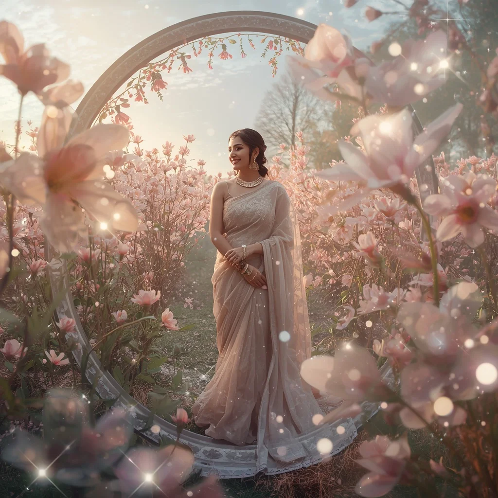 Festive Pastel Saree Blooming Crystal Starlight Garden Collage Cinematic | New Instagram Trend Prompt For Girl And Boy Copy And Paste
