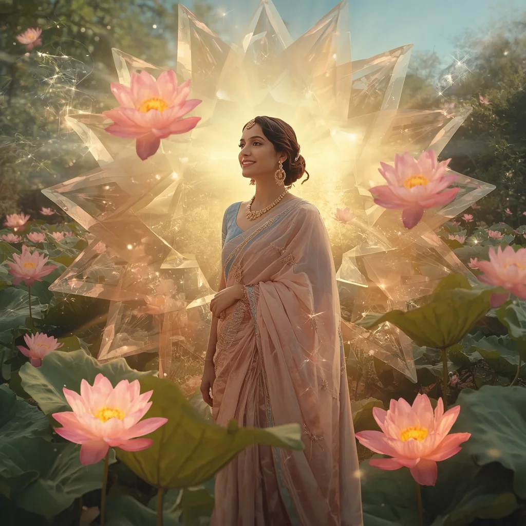 Festive Pastel Saree Blooming Crystal Starlotus Garden Collage Cinematic | Prompt AI For Girl