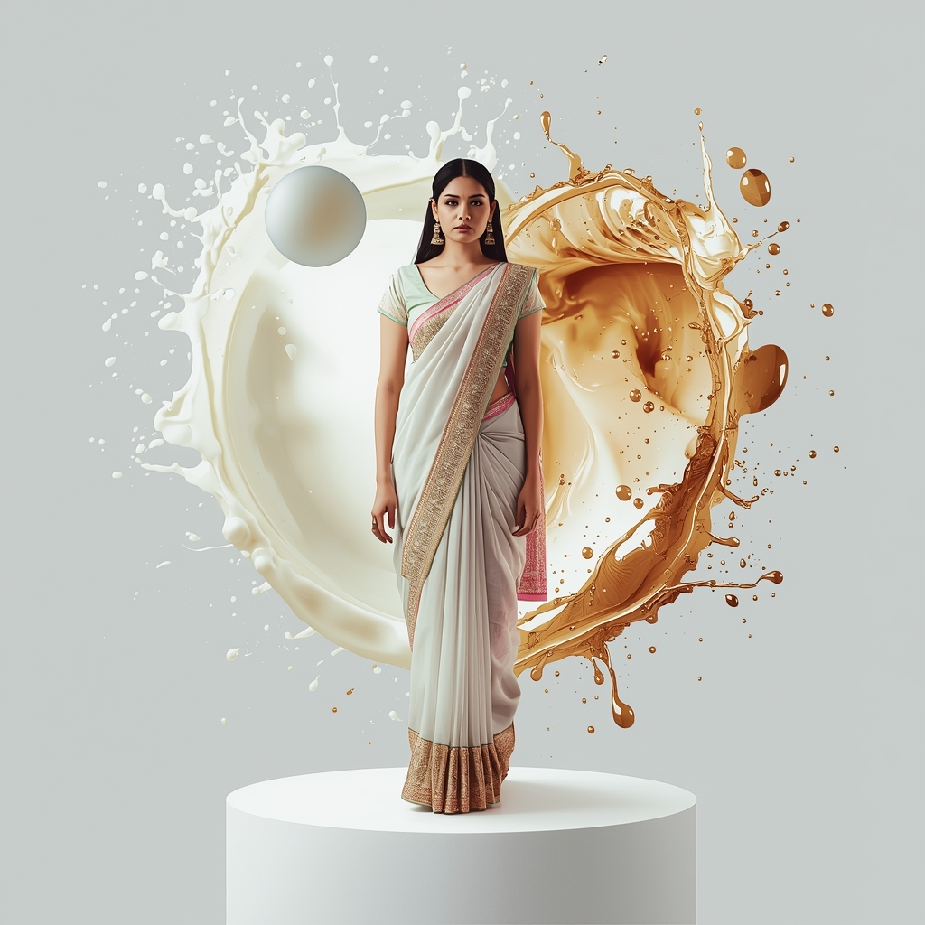 Festive Pastel Saree Bright Liquid Gold and Milk Splash | Saree Woman Ai Prompt
