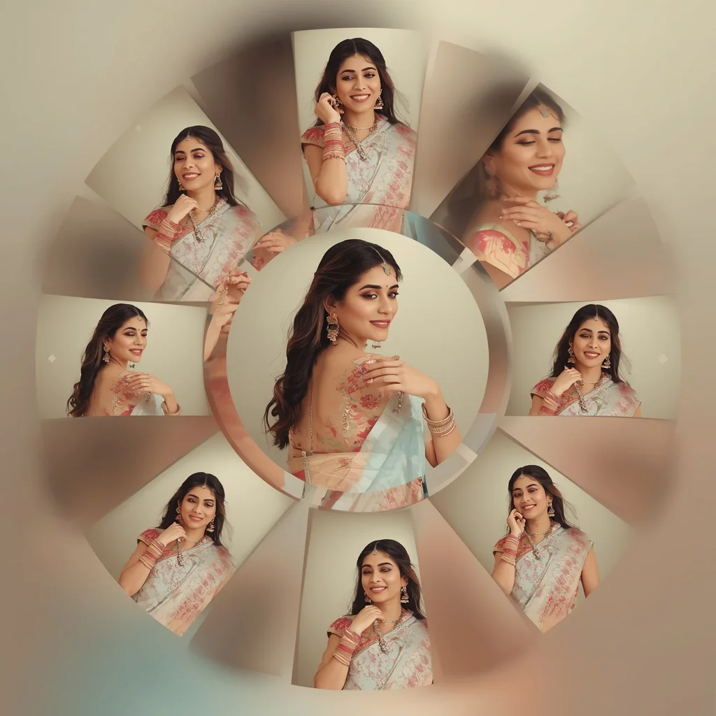 Festive Pastel Saree Carousel Motion Collage | Indian Girl Rotating Frame Aesthetic Soft Cinematic Viral Prompt | Desi Saree Ai Prompt