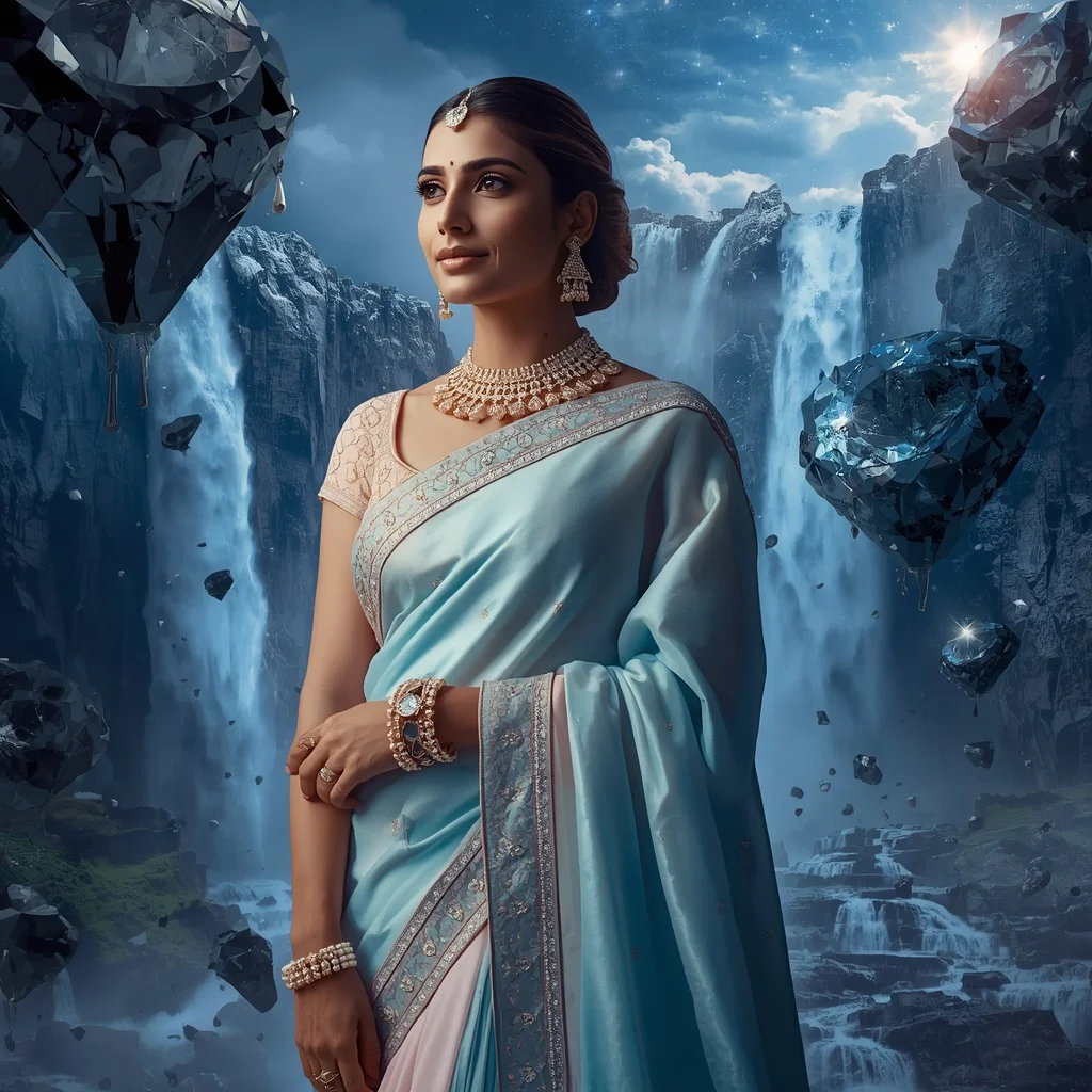 Festive Pastel Saree Celestial Black Diamond Waterfalls Collage | Ai Video Generator Prompt