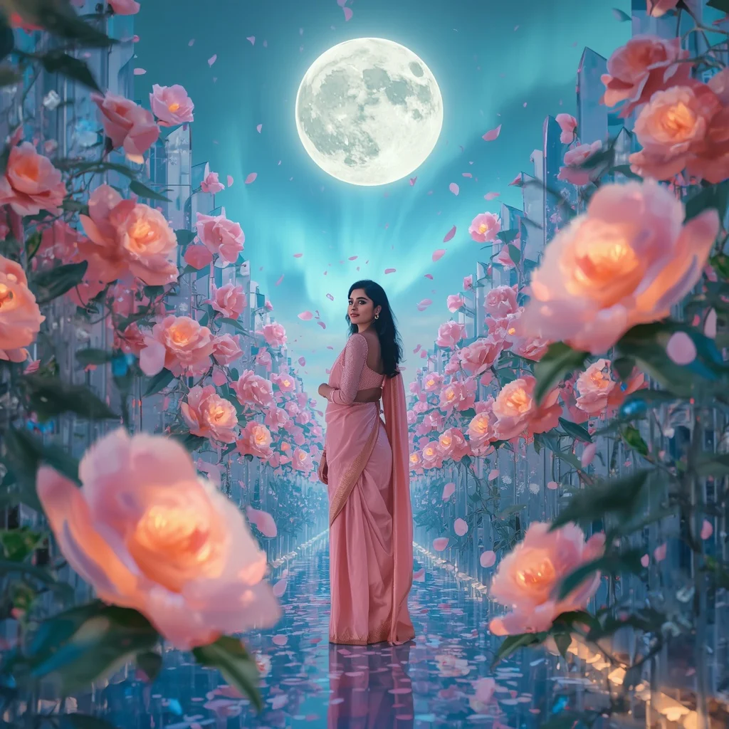 Festive Pastel Saree Celestial Camellia Aurora Crystal Moon Garden Collage Luxury | Prompt For Girls Trending