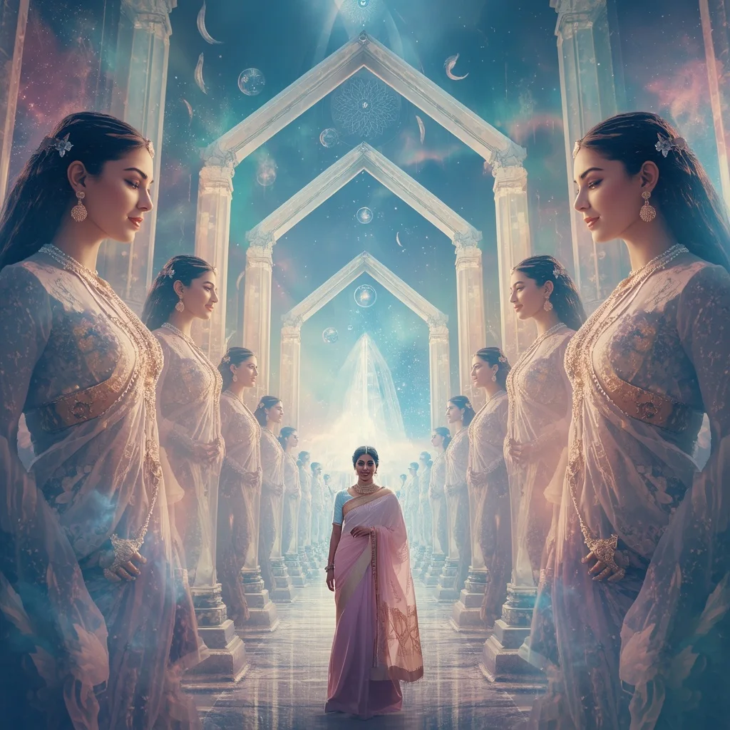 Festive Pastel Saree Celestial Crystal Aurora Sky Temple of Infinity Collage Premium | New Instagram Trend Prompt For Girl Love Copy And Paste