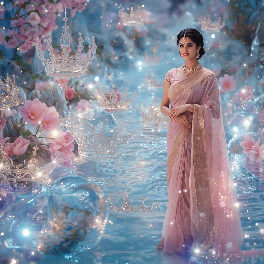 Festive Pastel Saree Celestial Crystal Crown River Collage Premium | Viral Prompt