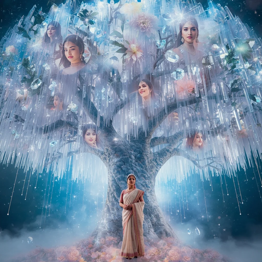 Festive Pastel Saree Celestial Crystal Crowned Tree of Eternity Collage Premium Cinematic | Instagram Profile Pic Ai Prompt