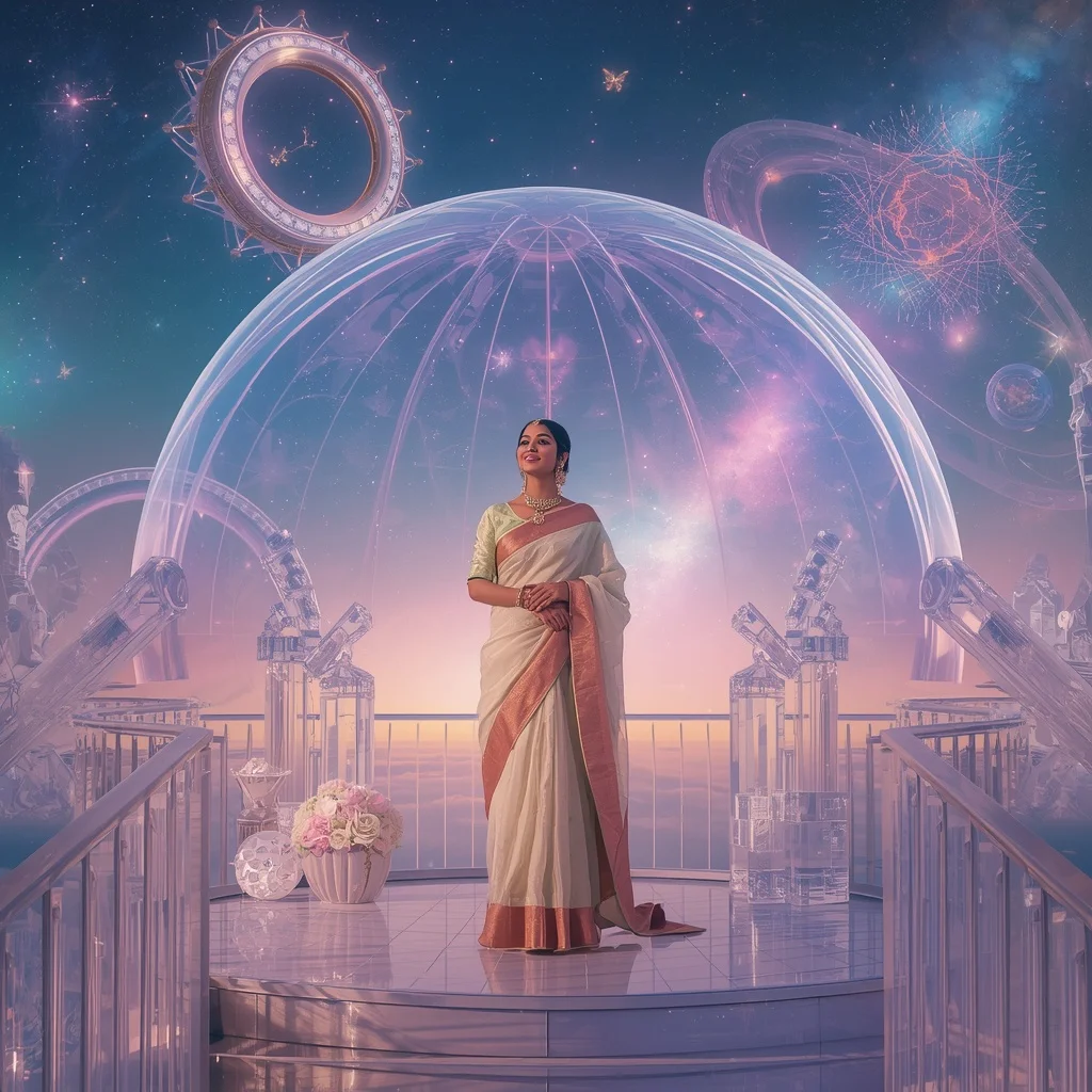 Festive Pastel Saree Celestial Crystal Dream Observatory Collage Premium | Fashion Ai Prompt