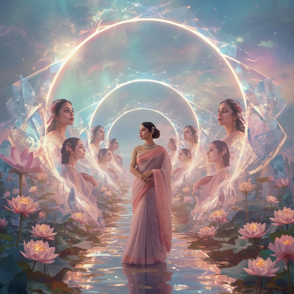 Festive Pastel Saree Celestial Crystal Eclipse Garden Collage Luxury | Ai Portrait Prompt