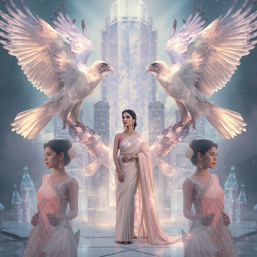 Festive Pastel Saree Celestial Crystal Falcon Citadel Luxury | Trending Prompts For Instagram For Girl