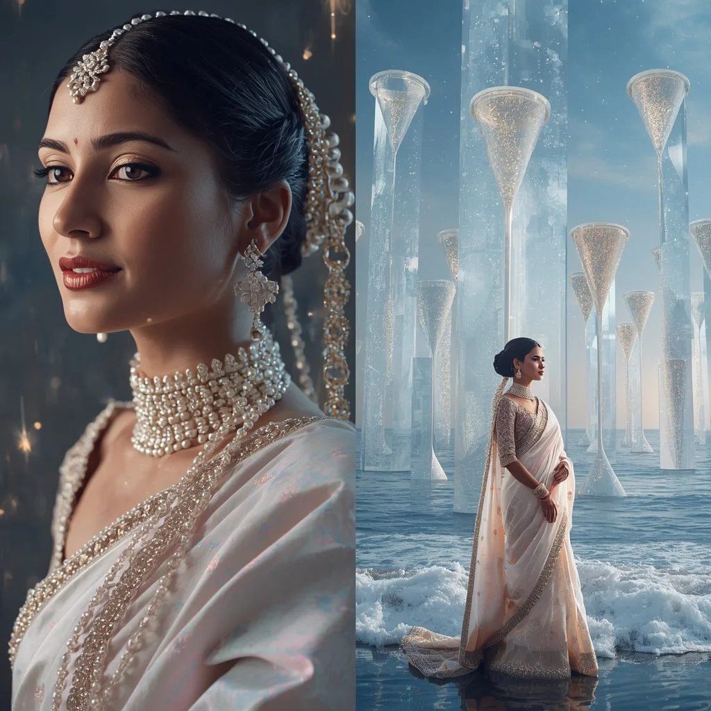 Festive Pastel Saree Celestial Crystal Hourglass Ocean Collage | Female Model Ai Prompt