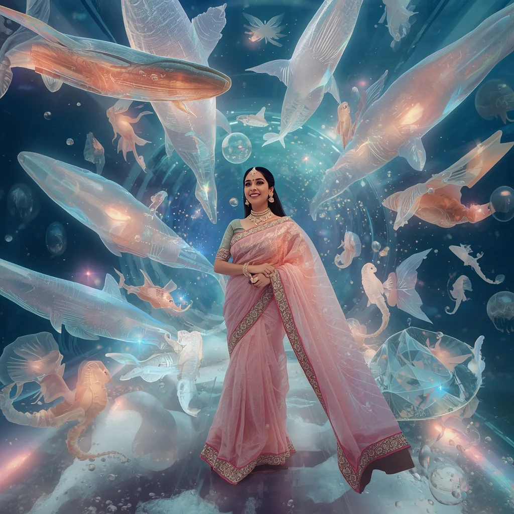 Festive Pastel Saree Celestial Crystal Infinity Aquarium Collage Premium | Ai Girl Image Prompt