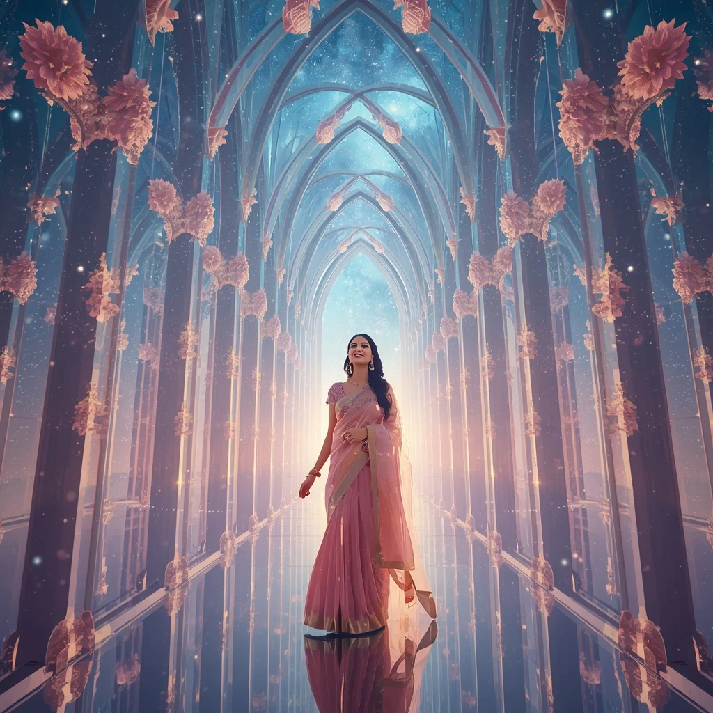 Festive Pastel Saree Celestial Crystal Infinity Cathedral Collage Premium | Woman Pose Ai Prompt