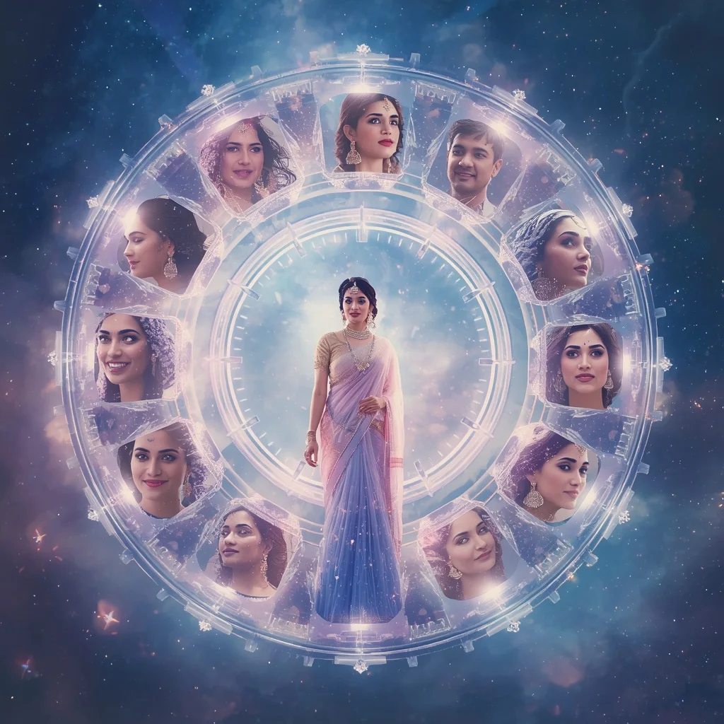 Festive Pastel Saree Celestial Crystal Infinity Clock Collage Premium | Cinematic Saree Ai Prompt
