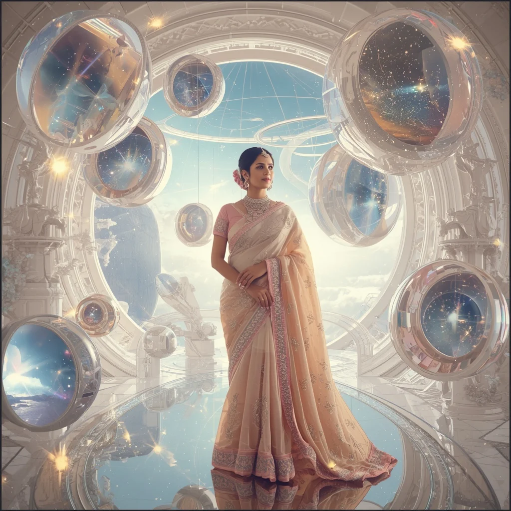 Festive Pastel Saree Celestial Crystal Infinity Observatory Collage Premium | Photo Prompt
