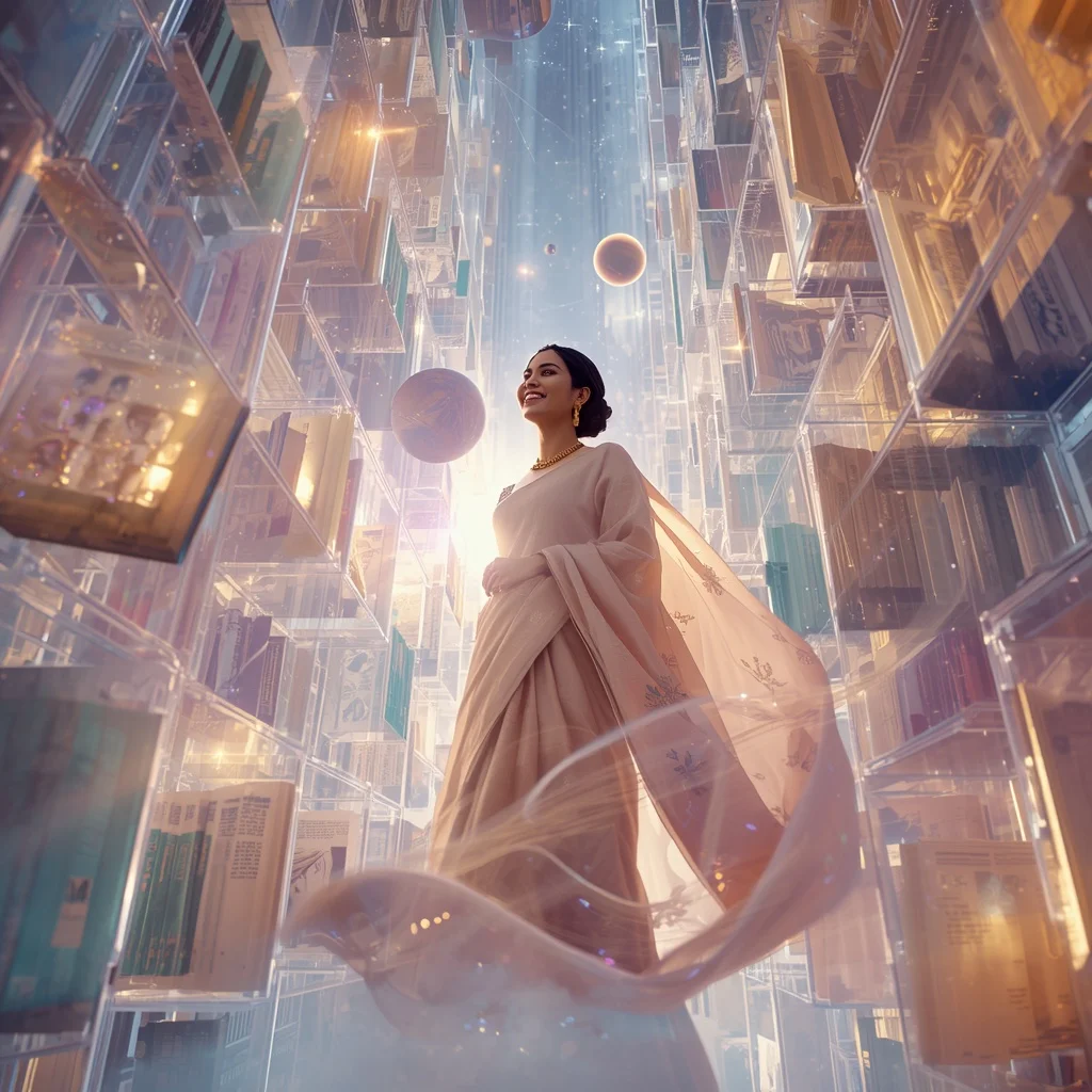 Festive Pastel Saree Celestial Crystal Library Universe Collage Premium Cinematic | Gym Influencer Ai Prompt