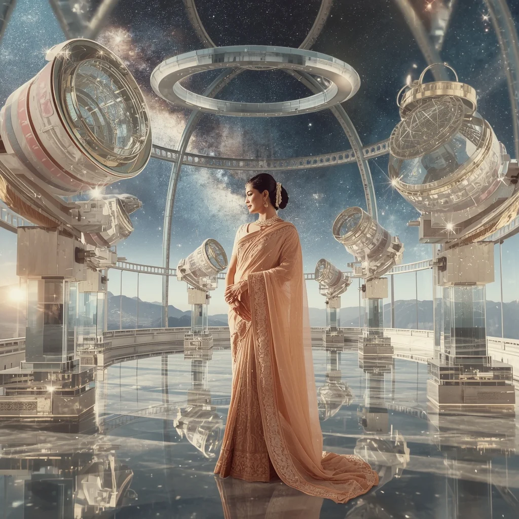 Festive Pastel Saree Celestial Crystal Observatory Of Dreams Collage Premium | Ai Selfie Prompt