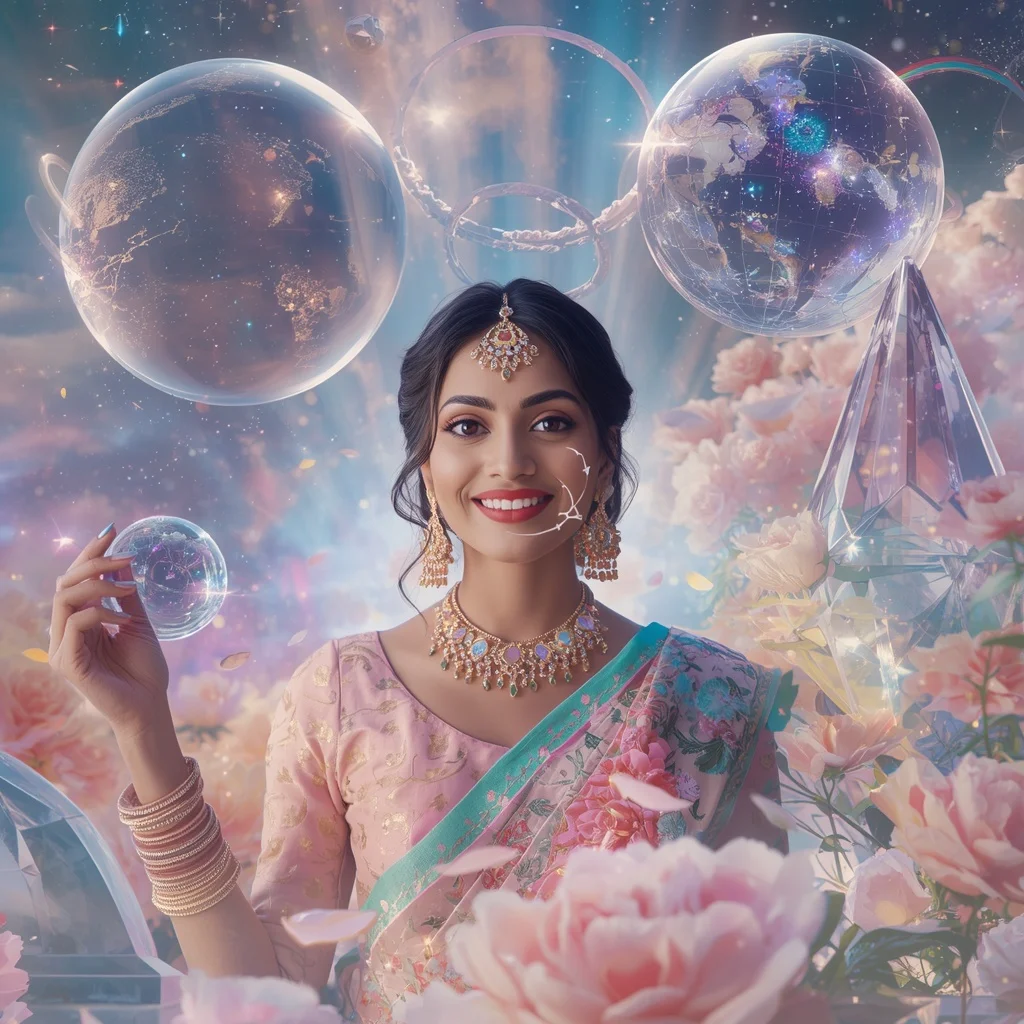 Festive Pastel Saree Celestial Crystal Planetarium Garden Collage Premium Cinematic | Prompt For Traditional Look For Girl Copy Paste