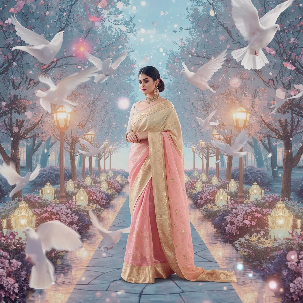 Festive Pastel Saree Celestial Crystal White Dove Sanctuary Collage Premium Editorial | Instagram Profile Pic Ai Prompt