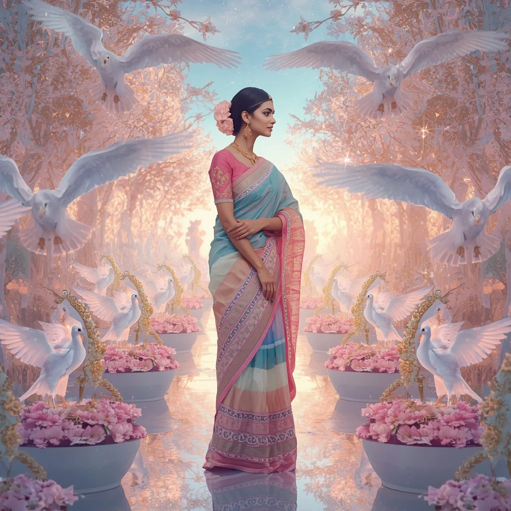 Festive Pastel Saree Celestial Crystal White Falcon Sanctuary Collage Premium Editorial | Hd Image Prompt
