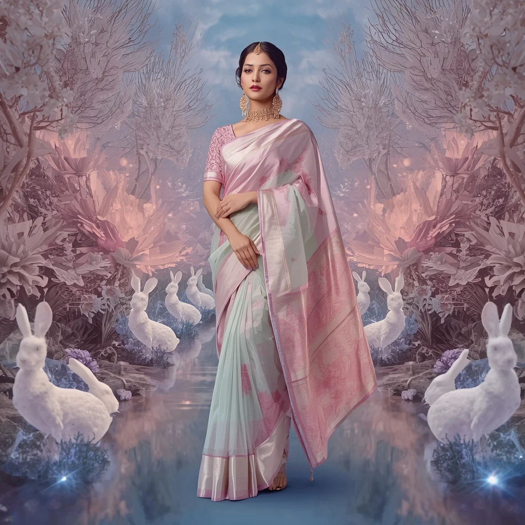 Festive Pastel Saree Celestial Crystal White Rabbit Sanctuary Collage Premium Editorial | Prompt Gemini Ai