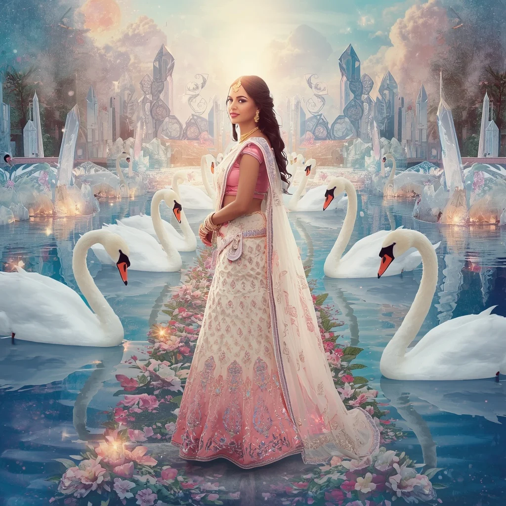 Festive Pastel Saree Celestial Crystal White Swan Kingdom Collage Premium Editorial | Prompt For Traditional Look For Girl ChatGPT