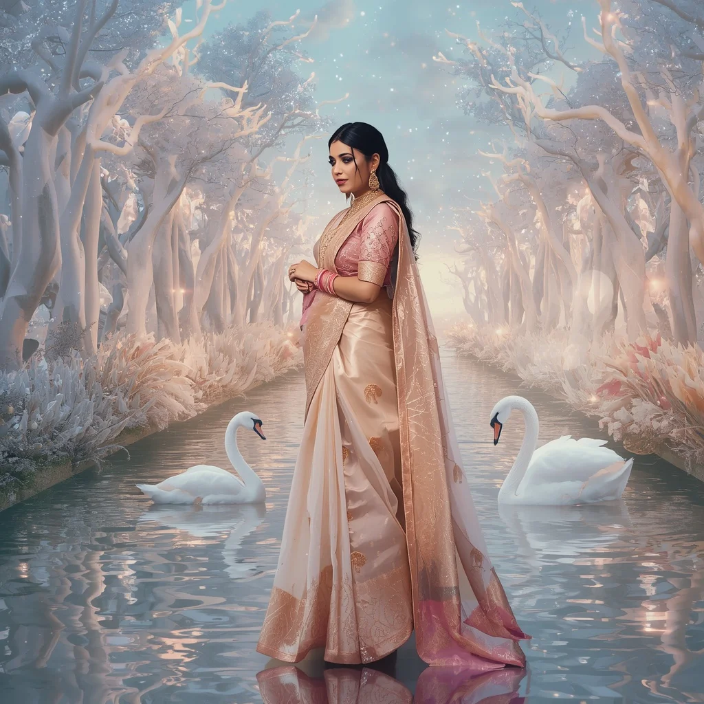 Festive Pastel Saree Celestial Crystal White Swan Sanctuary Collage Premium Editorial | Korean Ai Prompt